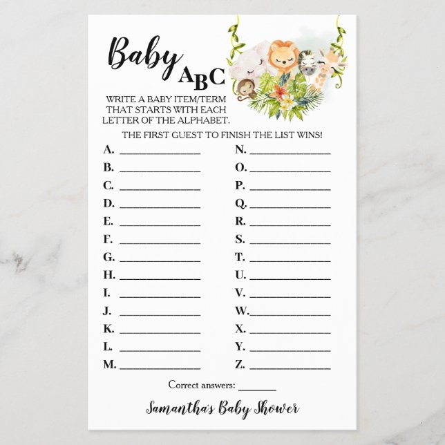 Jungle Animals Baby ABC Babyduschkarte Flyer (Vorne)
