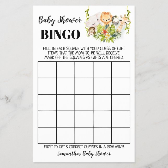 Jungle Animals Baby Dusche Bingo Game Card Flyer (Vorne)