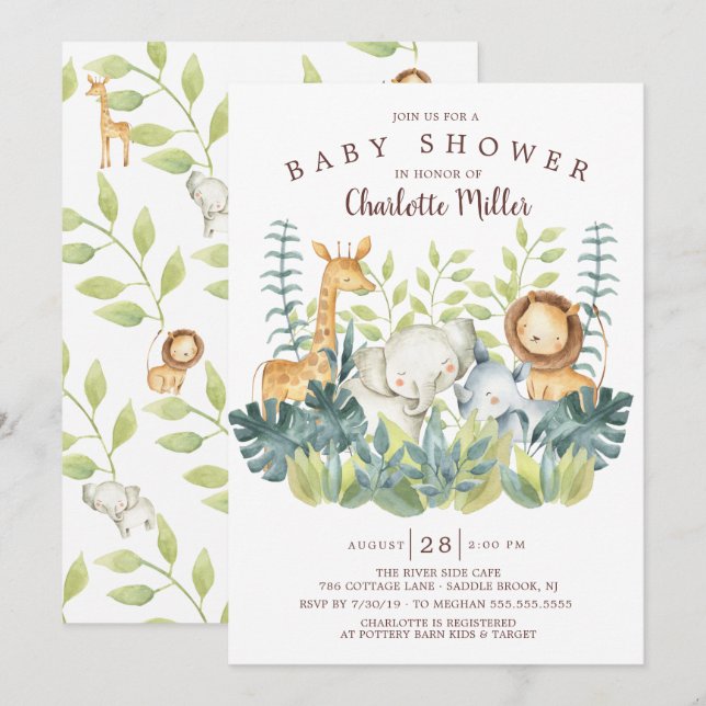 Jungle Animals Baby Dusche Einladung (Vorne/Hinten)