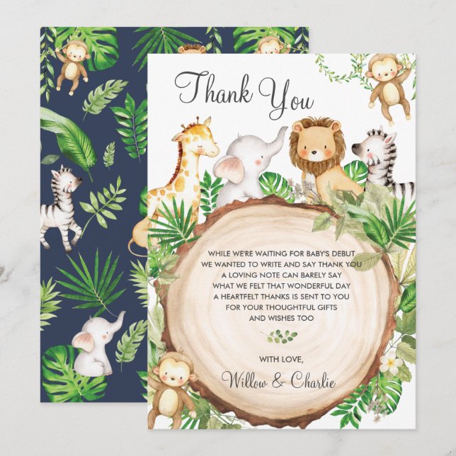 Jungle Animals Baby Shower Greenery Safari Boy Dankeskarte (Vorne/Hinten)