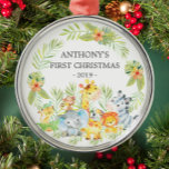 Jungle Animals Baby's First Christmas Ornament<br><div class="desc">Niedliche Baby's erste Weihnachtsschmuck die süßesten kleinen Dschungeltiere gerahmt mit Aquarelldschungel Blätter.</div>