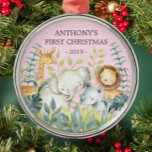 Jungle Animals Baby's First Christmas Ornament<br><div class="desc">Niedliche Baby's erste Weihnachtsschmuck die süßesten kleinen Dschungeltiere gerahmt mit Aquarelldschungel Blätter.</div>