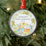 Jungle Animals Baby's First Christmas Ornament<br><div class="desc">Niedliche Baby's erste Weihnachtsschmuck die süßesten kleinen Dschungeltiere gerahmt mit Aquarelldschungel Blätter.</div>