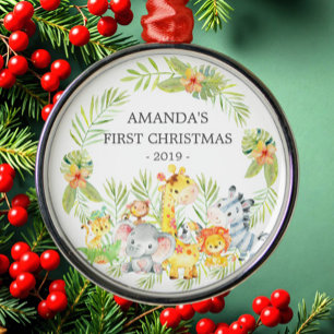 Jungle Animals Baby's First Christmas Ornament Aus Metall