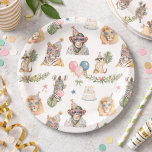 Jungle Animals Birthday Party Plates Pappteller<br><div class="desc">Bring playful safari style to your celebration with these jungle animals birthday party plates featuring a cheerful collection of watercolor party animals dressed and ready to celebrate. A stylish tiger, cool chimpanzee, cheerful zebra blowing bubblegum, playful meerkat, and festive lion appear throughout the design wearing party hats and sunglasses, surrounded...</div>