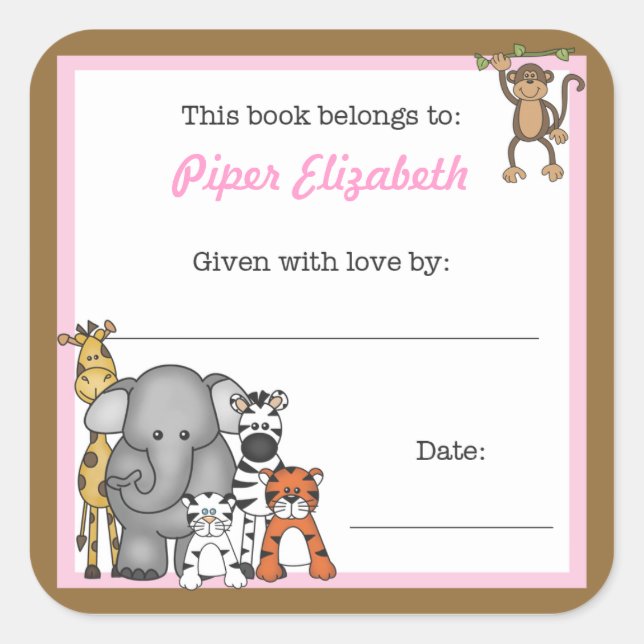 Jungle Animals Book Plate Pink Girl BUCHZEICHEN Quadratischer Aufkleber (Vorderseite)