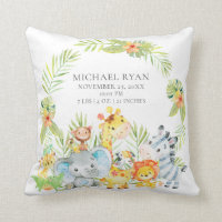 Jungle Animals Boys Baby Birth Stats Pillow