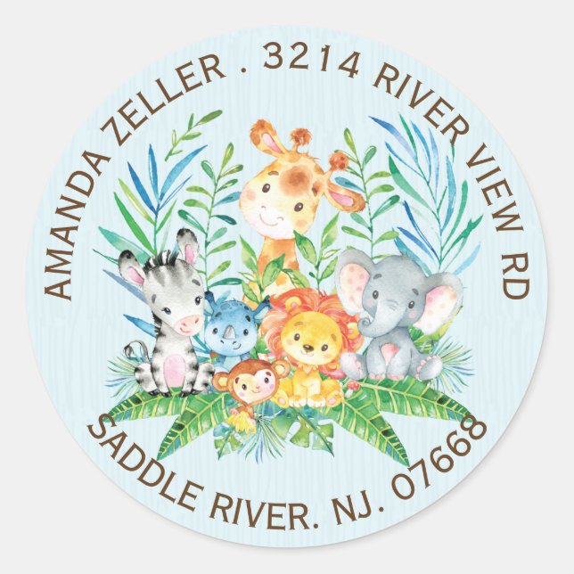 Jungle Animals Boys Baby Dusche Adressenaufkleber Runder Aufkleber (Vorderseite)