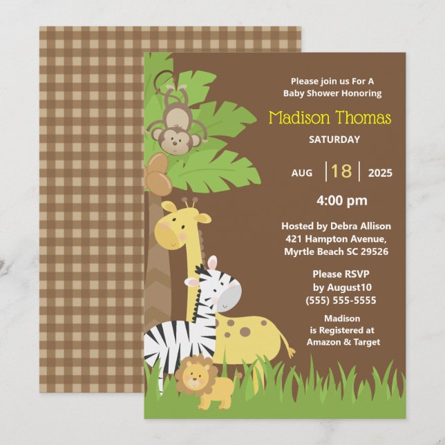 Jungle Animals Brown Safari Baby Dusche Einladung (Vorne/Hinten)