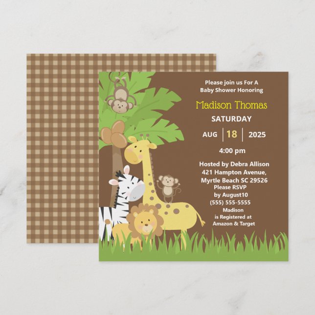 Jungle Animals Brown Safari Boy Baby Dusche I Einladung (Vorne/Hinten)