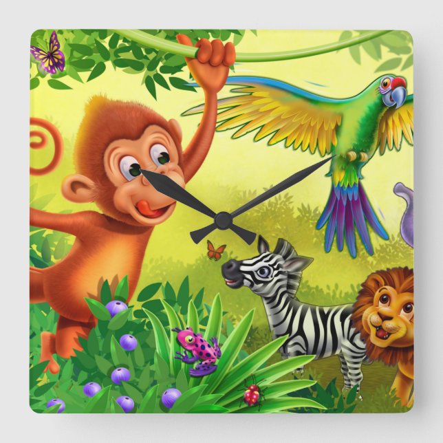 Jungle animals children's clock quadratische wanduhr (Vorderseite)