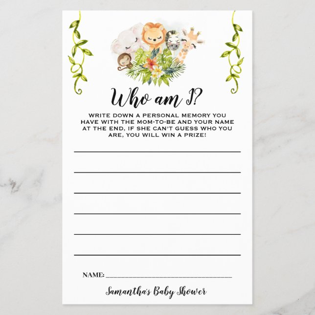 Jungle Animals, die ich bin Baby Showgame Card Flyer (Vorne)