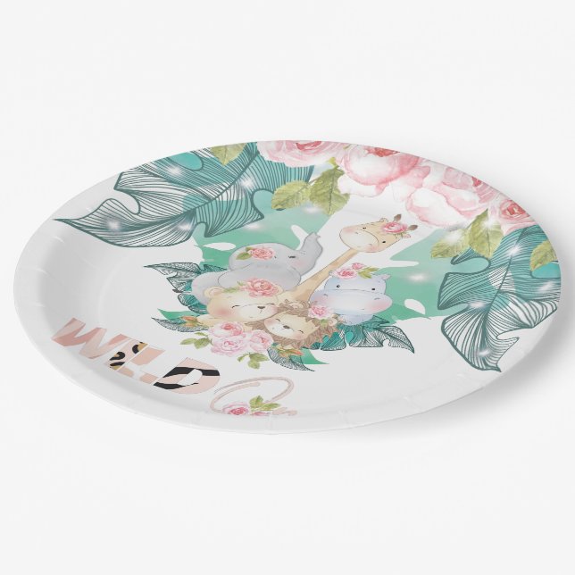 Jungle Animals Girl Birthday Wild One Pappteller (Schrägansicht)