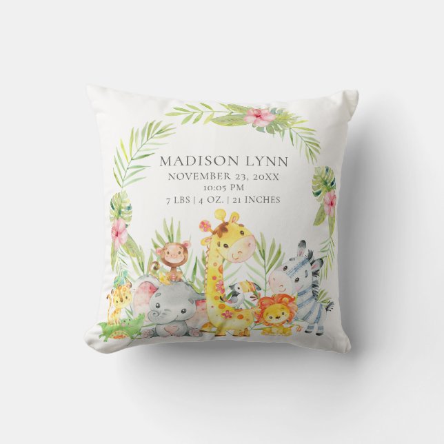 Jungle Animals Girls Baby Birth Stats Coussin (Recto)