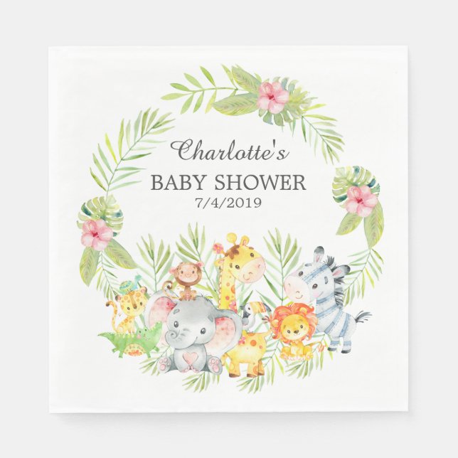 Jungle Animals Girls Babydusche Papier Napkins Serviette (Vorderseite)