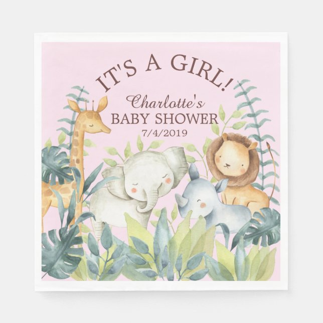 Jungle Animals Girls Babydusche Papier Napkins Serviette (Vorderseite)