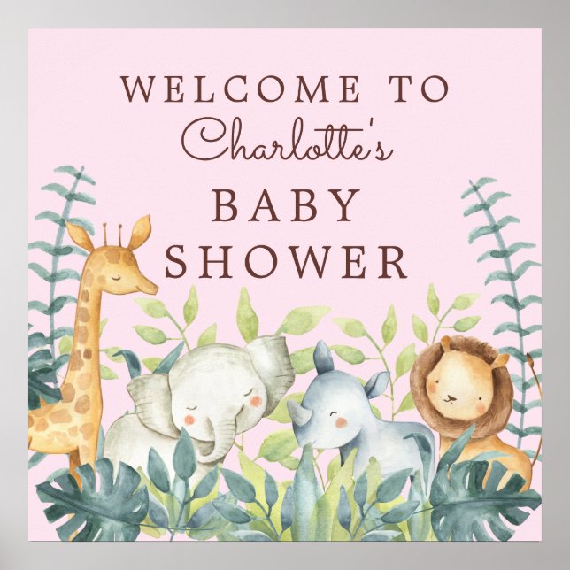 Jungle Animals Girls Babydusche Willkommen Poster (Vorne)