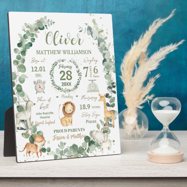 Jungle Animals Greenery Baby Birth Print Stats Fotoplatte (Seite)
