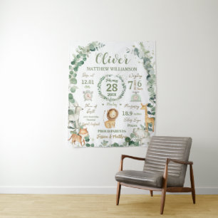 Jungle Animals Greenery Baby Birth Print Stats Wandteppich
