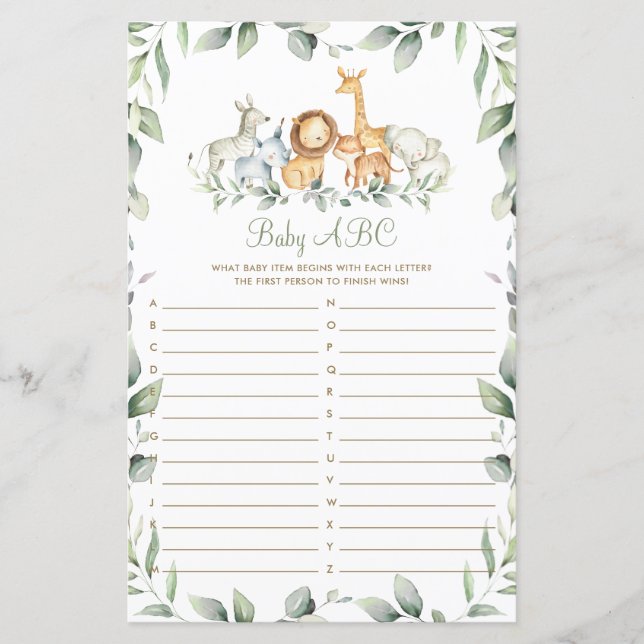 Jungle Animals Grüne Dusche Baby ABC Game Card (Vorderseite)