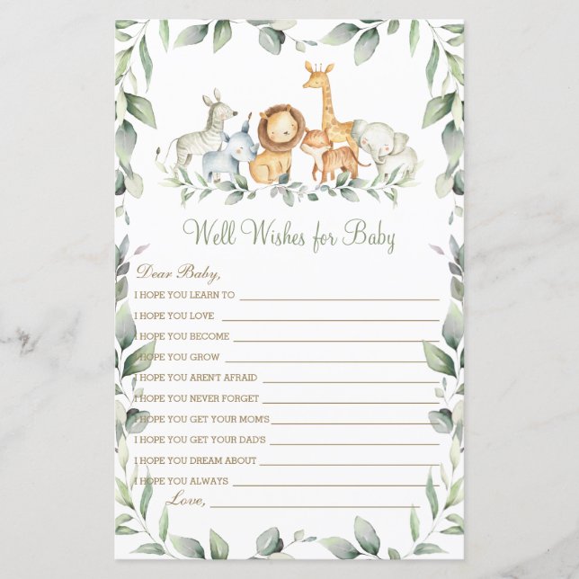 Jungle Animals Gute Wünsche für Baby Dusche Spiel (Vorderseite)