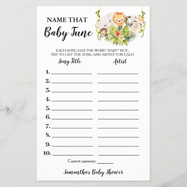 Jungle Animals Name Baby Tune Showspielkarte Flyer (Vorne)