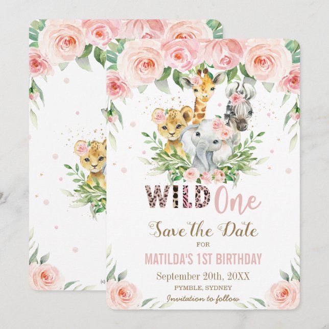 Jungle Animals Pink Floral Save the Date Card Einladung (Vorne/Hinten)