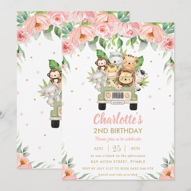 Jungle Animals Safari Auto Pink Blumen Geburtstag Einladung (Vorne/Hinten)