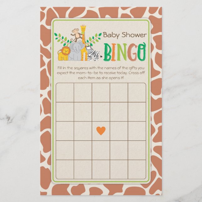 Jungle Animals Safari Baby Dusche Bingo Spiel Flyer (Vorne)