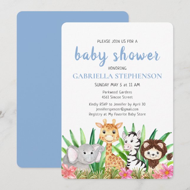 Jungle Animals Safari Blue Baby Dusche Einladung (Vorne/Hinten)