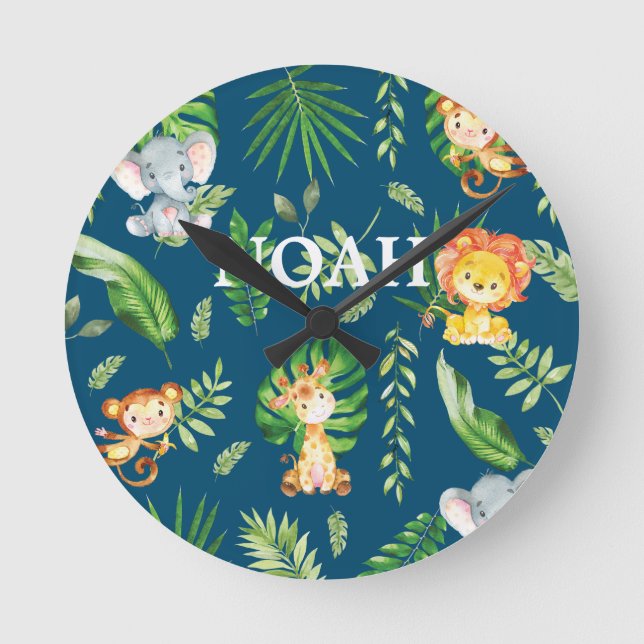 Jungle Animals Safari Boy Kinder Kinderzimmer Déco Runde Wanduhr (Vorderseite)