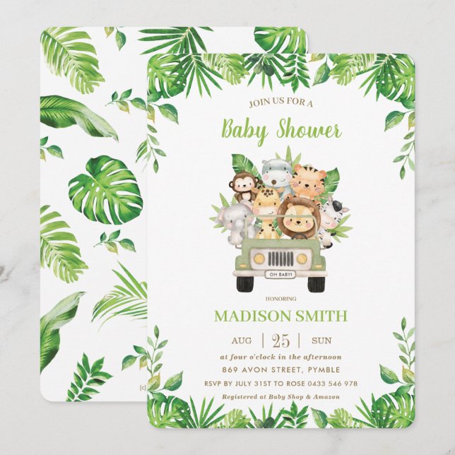 Jungle Animals Safari Car Greenery Baby Dusche Einladung (Vorne/Hinten)
