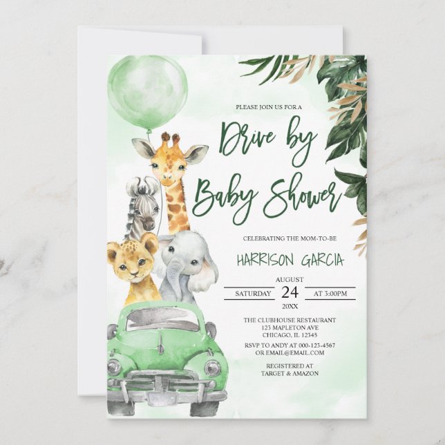 Jungle Animals Safari Drive by Baby Dusche Einladung (Vorderseite)