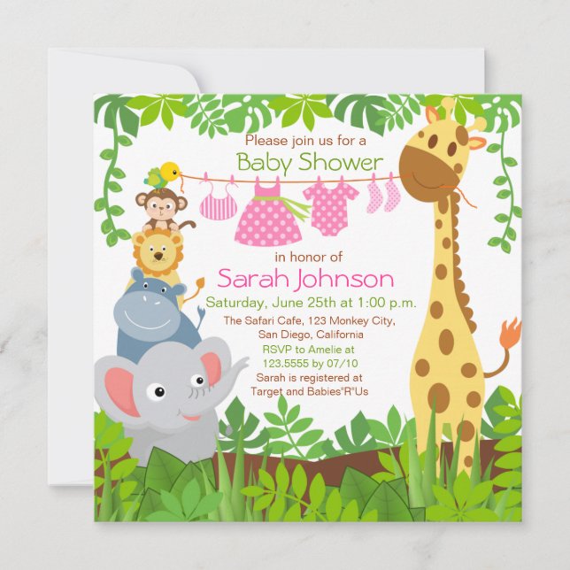 Jungle Animals Safari Girl Baby Dusche Einladung (Vorderseite)