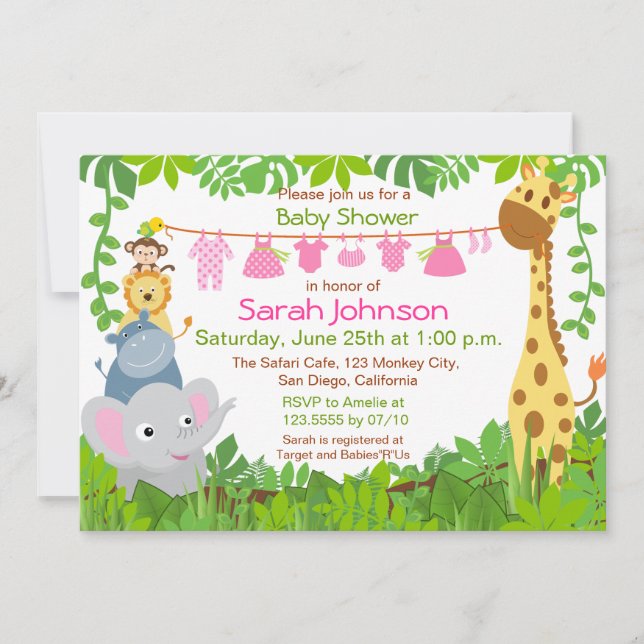 Jungle Animals Safari Girl Baby Dusche Einladung (Vorderseite)