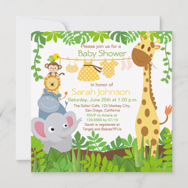 Jungle Animals Safari Girl Baby Dusche Einladung (Vorderseite)