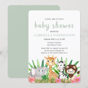 Jungle Animals Safari Green Baby Dusche Einladung