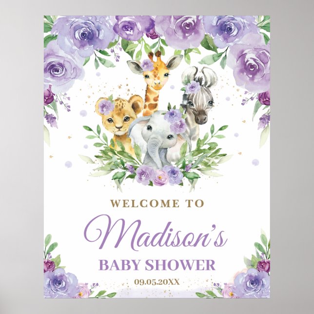 Jungle Animals Safari Lila Floral Baby Willkommen Poster (Vorne)