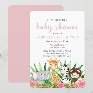 Jungle Animals Safari Pink Baby Dusche Einladung