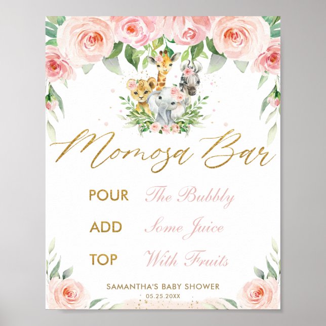 Jungle Animals Safari Pink Momosa Bar Sign Poster (Vorne)