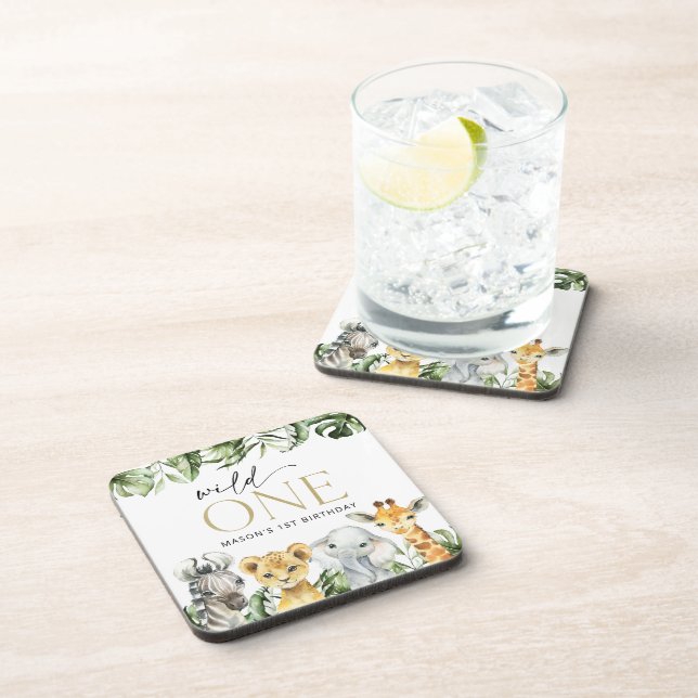 Jungle Animals, Safari, Wild One, erster Geburtsta Getränkeuntersetzer (Rechte Seite)