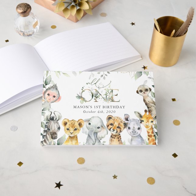 Jungle Animals, Safari, Wild One, First Birthday Gästebuch (Vorderseite Offen)