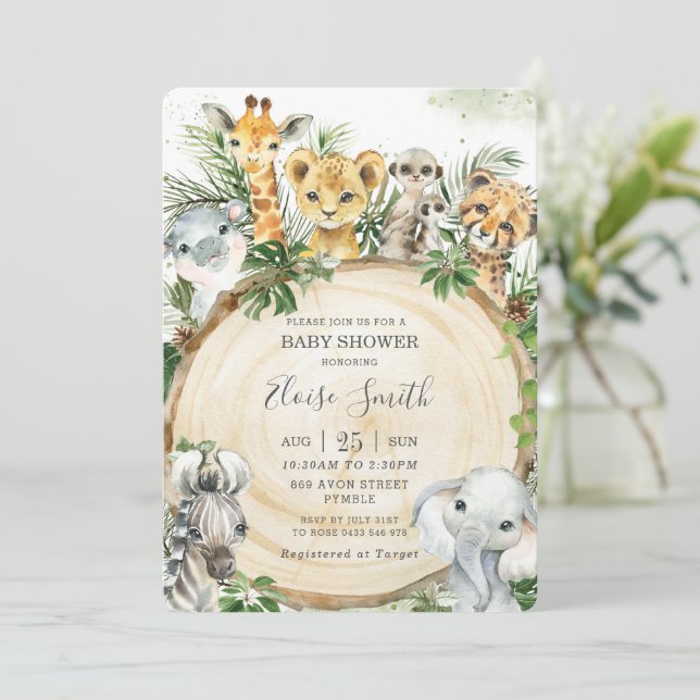 Jungle Animals Wood Slice Greenery Baby Dusche Einladung (Stehend Vorderseite)