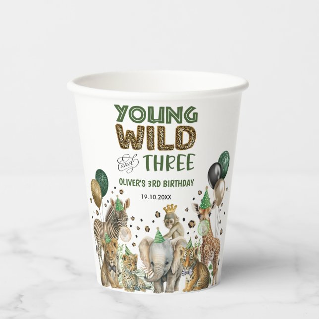 Jungle Animals Young Wild & Three 3. Geburtstag Pappbecher (Vorderseite)