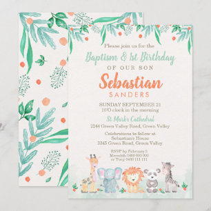 Jungle Animaux Baptême 1er anniversaire Invitation