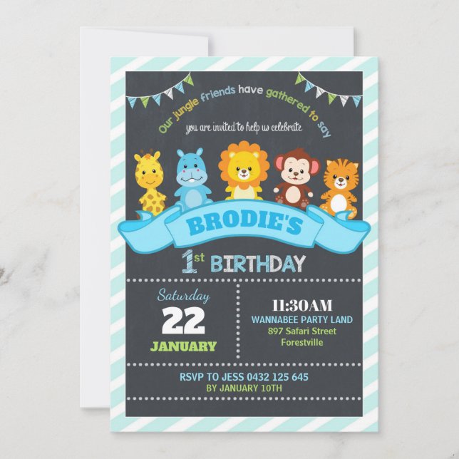 Jungle Animaux Safari 1er Anniversaire Invitations (Devant)
