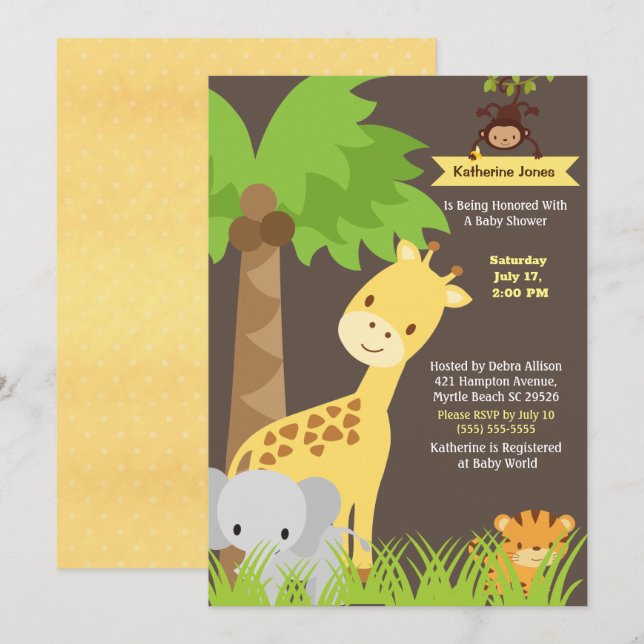 Jungle Animaux Safari Baby shower Invitation (Devant / Derrière)