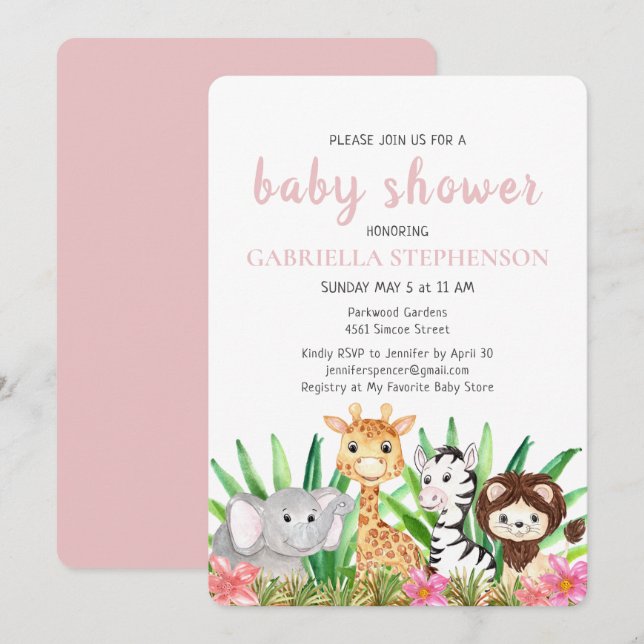 Jungle Animaux Safari Baby shower rose Invitation (Devant / Derrière)