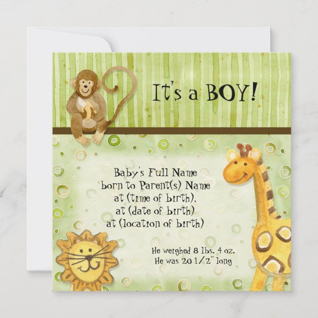 Jungle Babies, Boy Birth Ankündigung (Vorderseite)