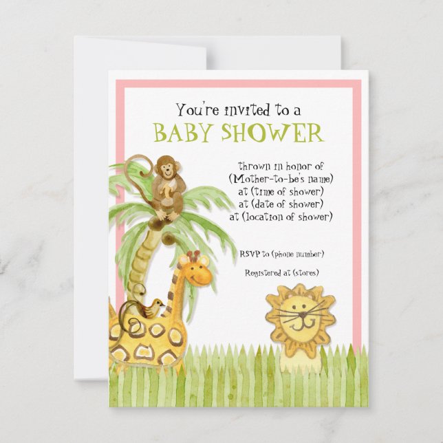 Jungle Babies, Girl Baby Shower Einladung - Grün (Vorderseite)